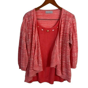 Sag Harbor Pink Layered Top Beaded Neck 3/4 Sleeve Knit Round Neck Pullover